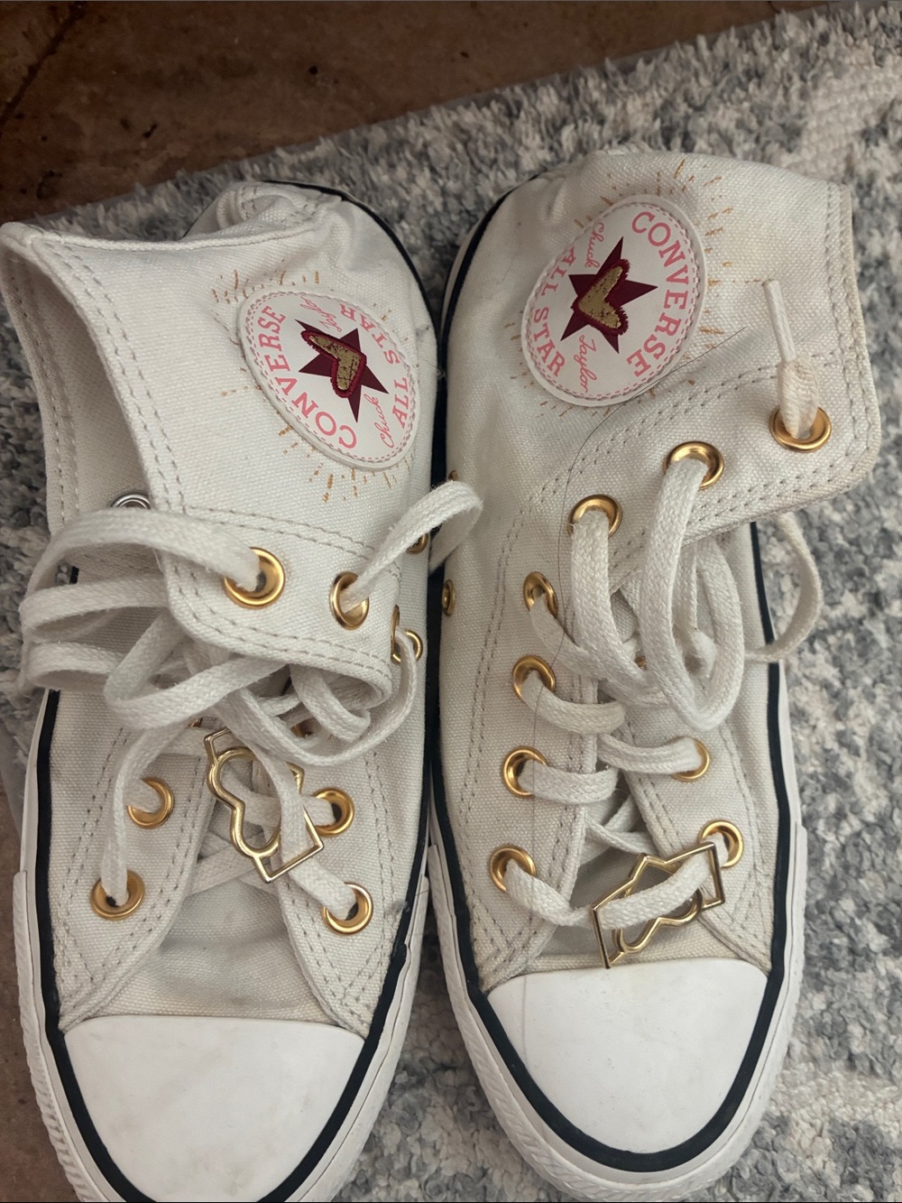 Converse Kids White High-Top Sneakers with Gold Eyelets and Star Patch